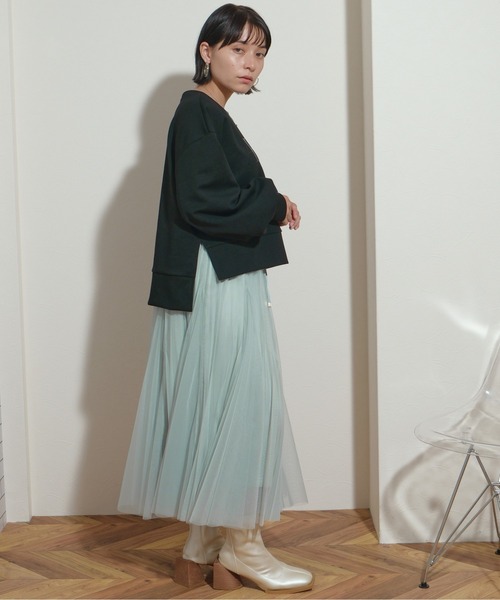 palm RICHE（ポームリシュ）の「フレアパーツ　ウエストゴム　紐デザイン　プリーツチュールSK（スカート・レディース・ミント/ブラック/アイボリー/グレー・M）」の10枚目の写真