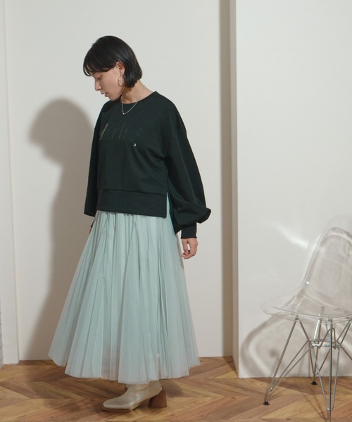 palm RICHE（ポームリシュ）の「フレアパーツ　ウエストゴム　紐デザイン　プリーツチュールSK（スカート・レディース・ミント/ブラック/アイボリー/グレー・M）」の12枚目の写真