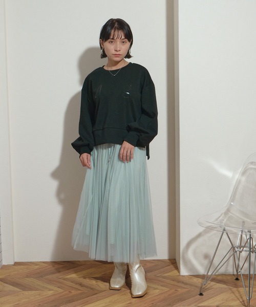 palm RICHE（ポームリシュ）の「フレアパーツ　ウエストゴム　紐デザイン　プリーツチュールSK（スカート・レディース・ミント/ブラック/アイボリー/グレー・M）」の9枚目の写真