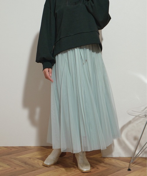 palm RICHE（ポームリシュ）の「フレアパーツ　ウエストゴム　紐デザイン　プリーツチュールSK（スカート・レディース・ミント/ブラック/アイボリー/グレー・M）」の19枚目の写真