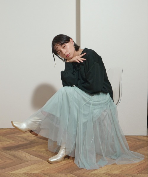 palm RICHE（ポームリシュ）の「フレアパーツ　ウエストゴム　紐デザイン　プリーツチュールSK（スカート・レディース・ミント/ブラック/アイボリー/グレー・M）」の21枚目の写真