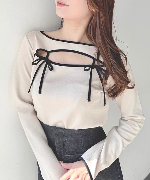 NOMAE（ノーマエ）の「バイカラーパイピングリボントップス（Tシャツ/カットソー・レディース・ホワイト/ブラック/グレー/ベージュ・FREE）」の4枚目の写真