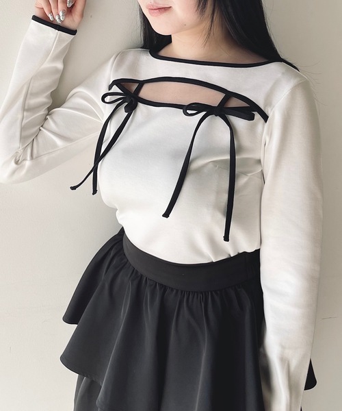 NOMAE（ノーマエ）の「バイカラーパイピングリボントップス（Tシャツ/カットソー・レディース・ホワイト/ブラック/グレー/ベージュ・FREE）」の2枚目の写真