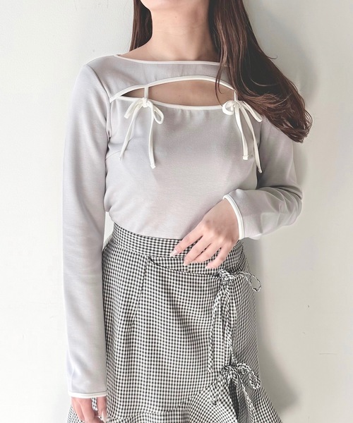 NOMAE（ノーマエ）の「バイカラーパイピングリボントップス（Tシャツ/カットソー・レディース・ホワイト/ブラック/グレー/ベージュ・FREE）」の16枚目の写真