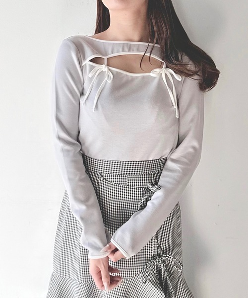 NOMAE（ノーマエ）の「バイカラーパイピングリボントップス（Tシャツ/カットソー・レディース・ホワイト/ブラック/グレー/ベージュ・FREE）」の17枚目の写真