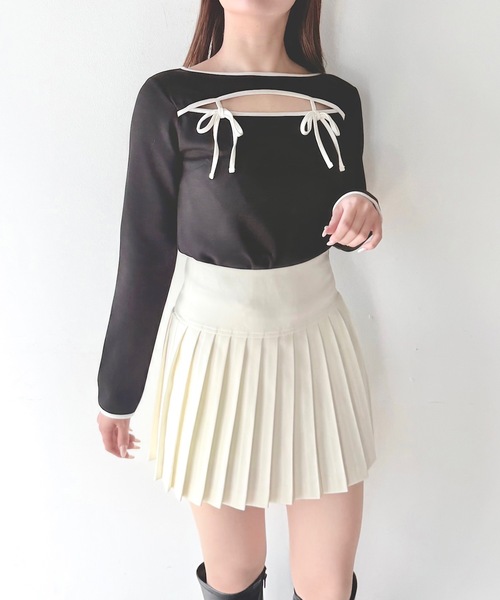 NOMAE（ノーマエ）の「バイカラーパイピングリボントップス（Tシャツ/カットソー・レディース・ホワイト/ブラック/グレー/ベージュ・FREE）」の8枚目の写真