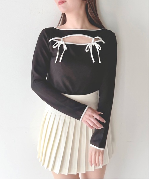 NOMAE（ノーマエ）の「バイカラーパイピングリボントップス（Tシャツ/カットソー・レディース・ホワイト/ブラック/グレー/ベージュ・FREE）」の5枚目の写真