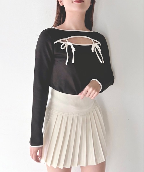 NOMAE（ノーマエ）の「バイカラーパイピングリボントップス（Tシャツ/カットソー・レディース・ホワイト/ブラック/グレー/ベージュ・FREE）」の7枚目の写真