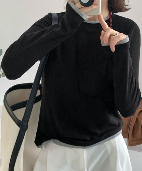 LOWO（ロワ）の「レイヤードデザインロングスリーブTシャツ カットソー（Tシャツ/カットソー・レディース・ブラック/アイボリー/チャコールグレー・FREE）」の3枚目の写真