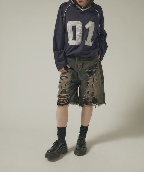 AO2(アオズ)の「Damage Half Loose Half Pants / ダメージ ハーフ ルーズ パンツ(デニムパンツ・レディース・ブラック・FREE)」の1枚目の写真