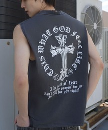 ピグメント加工ノースリーブTシャツ/バックプリントクロス/短丈