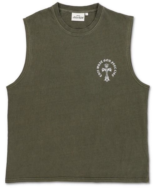 SPINNS（スピンズ）の「ピグメント加工ノースリーブTシャツ/バックプリントクロス/短丈（Tシャツ/カットソー・メンズ・ブラック/カーキ/ブラウン・ONESIZE）」の5枚目の写真