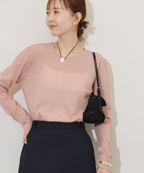JOURNAL STANDARD（ジャーナルスタンダード）の「《追加3》クルーネックシアーロングTシャツ（Tシャツ/カットソー・レディース・ベージュ/ネイビー/ホワイト/ブラウン/ピンク・FREE）」の5枚目の写真