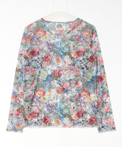 ScoLar(スカラー)の「151648:花・ヒョウ・メルヘン 3柄展開チュールロングスリーブTシャツ(Tシャツ/カットソー・レディース・オフホワイト/パープル/オレンジ・M)」の2枚目の写真