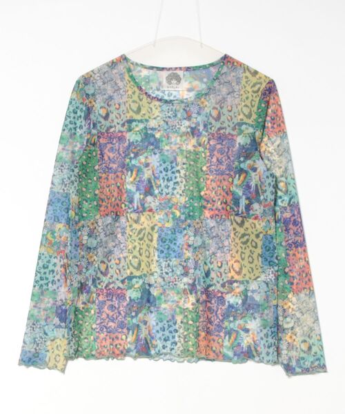 ScoLar(スカラー)の「151648:花・ヒョウ・メルヘン 3柄展開チュールロングスリーブTシャツ(Tシャツ/カットソー・レディース・オフホワイト/パープル/オレンジ・M)」の1枚目の写真