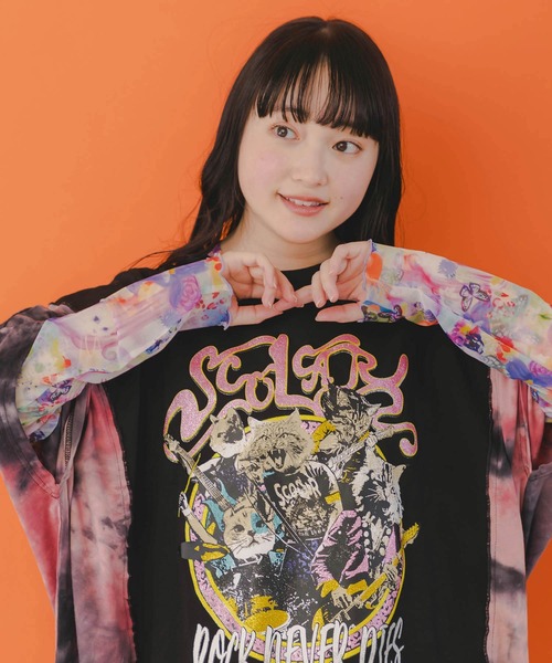 ScoLar(スカラー)の「151648:花・ヒョウ・メルヘン 3柄展開チュールロングスリーブTシャツ(Tシャツ/カットソー・レディース・オフホワイト/パープル/オレンジ・M)」の5枚目の写真