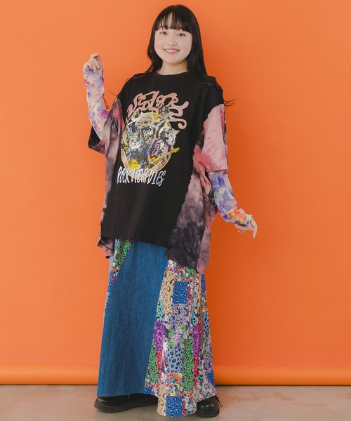 ScoLar(スカラー)の「151648:花・ヒョウ・メルヘン 3柄展開チュールロングスリーブTシャツ(Tシャツ/カットソー・レディース・オフホワイト/パープル/オレンジ・M)」の6枚目の写真