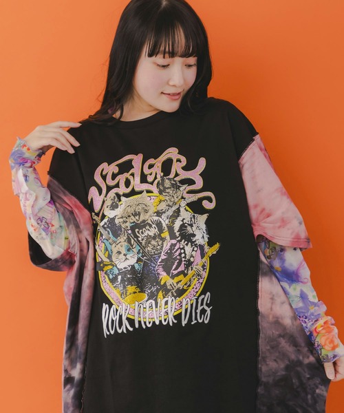 ScoLar(スカラー)の「151648:花・ヒョウ・メルヘン 3柄展開チュールロングスリーブTシャツ(Tシャツ/カットソー・レディース・オフホワイト/パープル/オレンジ・M)」の7枚目の写真