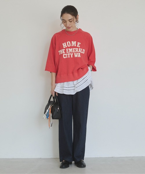 ANGIE（アンジー）の「カレッジロゴ ハーフスリーブ Tシャツ（Tシャツ/カットソー・レディース・ベージュ/ブラック/レッド/ネイビー・FREE）」の5枚目の写真
