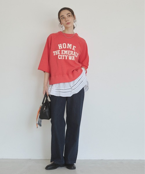 ANGIE（アンジー）の「カレッジロゴ ハーフスリーブ Tシャツ（Tシャツ/カットソー・レディース・ベージュ/ブラック/レッド/ネイビー・FREE）」の6枚目の写真