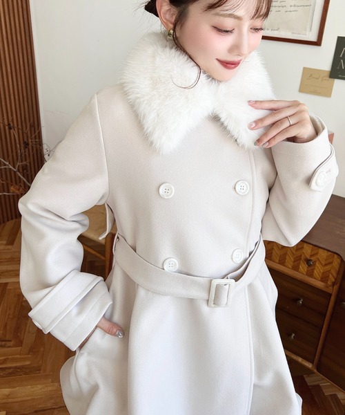 セール】ファーティペット付きミドル丈バルーントレンチコート