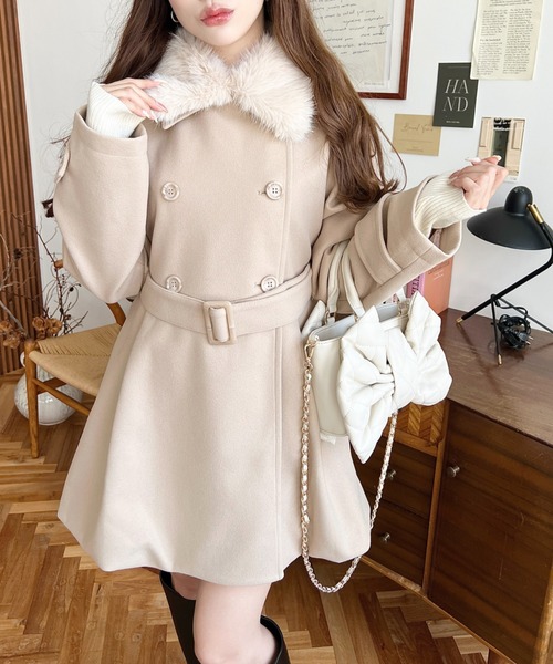 セール】ファーティペット付きミドル丈バルーントレンチコート