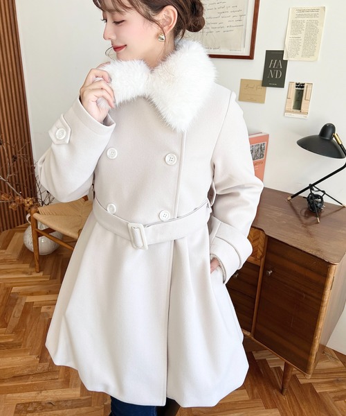 セール】ファーティペット付きミドル丈バルーントレンチコート