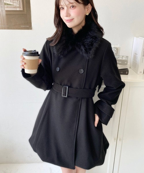 セール】ファーティペット付きミドル丈バルーントレンチコート