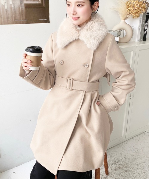 セール】ファーティペット付きミドル丈バルーントレンチコート