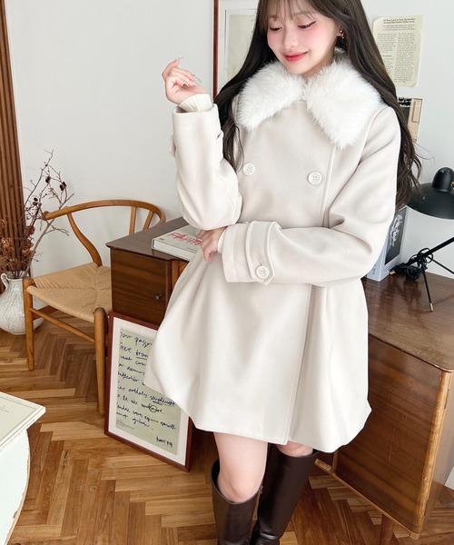 セール】ファーティペット付きミドル丈バルーントレンチコート