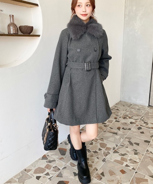 セール】ファーティペット付きミドル丈バルーントレンチコート