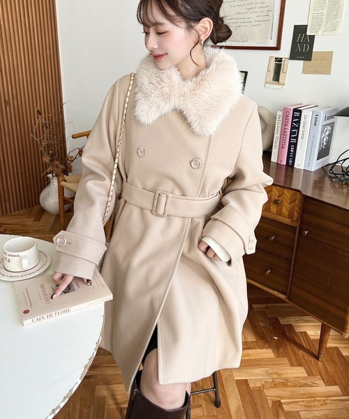 セール】ファーティペット付きミドル丈バルーントレンチコート