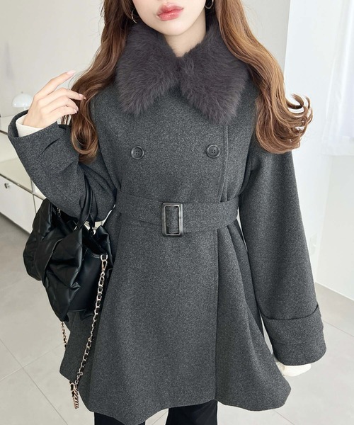 セール】ファーティペット付きミドル丈バルーントレンチコート