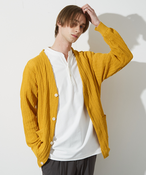 ABAHOUSE(アバハウス)の「【メッシュニット】ドライタッチ 比翼 カーディガン / シアーカーディガン(カーディガン/ボレロ・メンズ・イエロー/ブラック/アイボリー・44/48/46)」の1枚目の写真