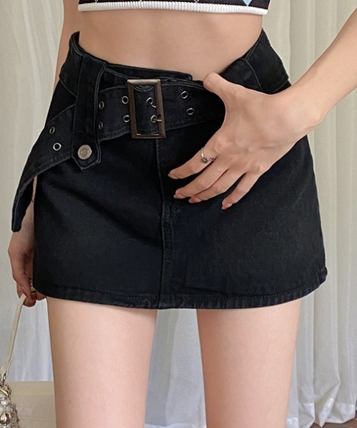 Teem Store(チームストア)の「【インパン付き】太ベルト付き デニム台形ミニスカート(スカート・レディース・グレー/ブルー/ブラック・M/L)」の9枚目の写真