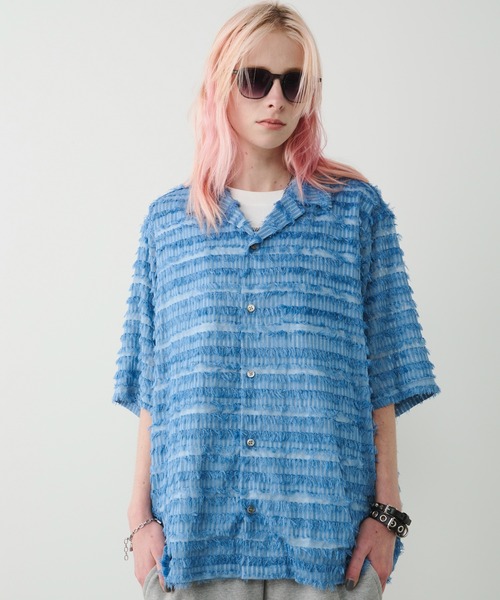 AFF AIVER（エイエフエフアイバー）の「AFF AIVER　シアーフリンジワイドシャツ（シャツ/ブラウス・メンズ・ダークブルー/パープル/ブラック/ダークブラック・SMALL/MEDIUM/LARGE）」の4枚目の写真