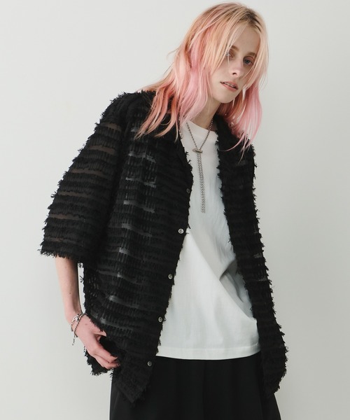 AFF AIVER（エイエフエフアイバー）の「AFF AIVER　シアーフリンジワイドシャツ（シャツ/ブラウス・メンズ・ダークブルー/パープル/ブラック/ダークブラック・SMALL/MEDIUM/LARGE）」の3枚目の写真