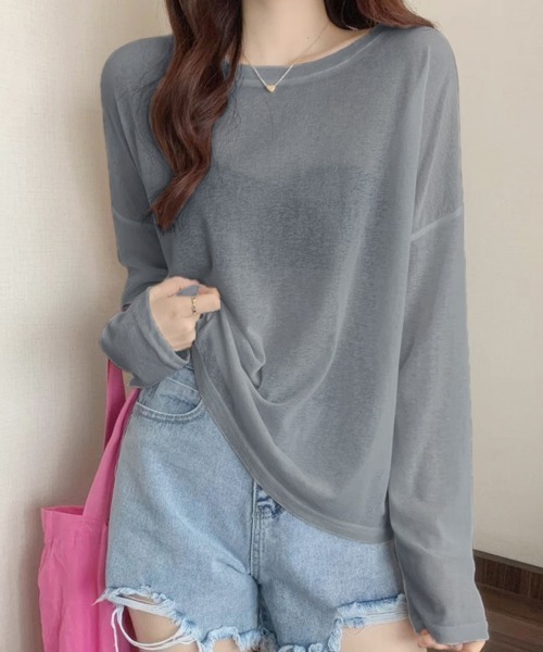 Doux Belle（ドゥーベル）の「ラウンドネックシアートップス（Tシャツ/カットソー・レディース・パープル/ブルー系その他/イエロー/ミント/グリーン/ライトグリーン/ピンク/ホワイト/サーモンピンク/ライトブルー/ブラック/ライトピンク/グレー・FREE）」の4枚目の写真