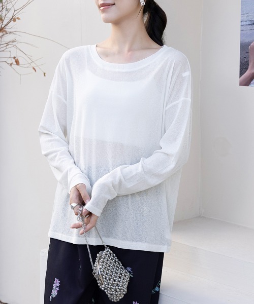 Doux Belle（ドゥーベル）の「ラウンドネックシアートップス（Tシャツ/カットソー・レディース・パープル/ブルー系その他/イエロー/ミント/グリーン/ライトグリーン/ピンク/ホワイト/サーモンピンク/ライトブルー/ブラック/ライトピンク/グレー・FREE）」の2枚目の写真