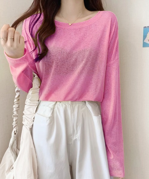 Doux Belle（ドゥーベル）の「ラウンドネックシアートップス（Tシャツ/カットソー・レディース・パープル/ブルー系その他/イエロー/ミント/グリーン/ライトグリーン/ピンク/ホワイト/サーモンピンク/ライトブルー/ブラック/ライトピンク/グレー・FREE）」の13枚目の写真
