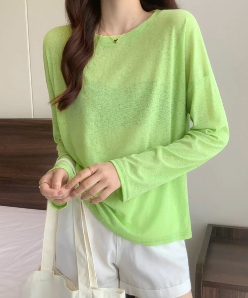 Doux Belle（ドゥーベル）の「ラウンドネックシアートップス（Tシャツ/カットソー・レディース・パープル/ブルー系その他/イエロー/ミント/グリーン/ライトグリーン/ピンク/ホワイト/サーモンピンク/ライトブルー/ブラック/ライトピンク/グレー・FREE）」の6枚目の写真