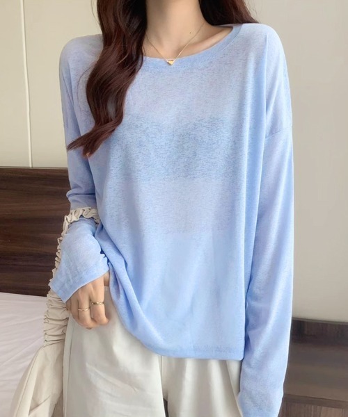 Doux Belle（ドゥーベル）の「ラウンドネックシアートップス（Tシャツ/カットソー・レディース・パープル/ブルー系その他/イエロー/ミント/グリーン/ライトグリーン/ピンク/ホワイト/サーモンピンク/ライトブルー/ブラック/ライトピンク/グレー・FREE）」の8枚目の写真