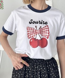 チェリーリボン半袖リンガーTシャツ