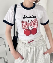 チェリーリボン半袖リンガーTシャツ