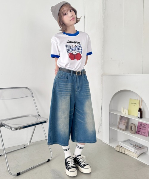 SOLLON.（ソルロン）の「チェリーリボン半袖リンガーTシャツ（Tシャツ/カットソー・レディース・レッド/ブラック/ブルー/ネイビー・FREE）」の12枚目の写真