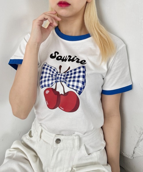 SOLLON.（ソルロン）の「チェリーリボン半袖リンガーTシャツ（Tシャツ/カットソー・レディース・レッド/ブラック/ブルー/ネイビー・FREE）」の21枚目の写真