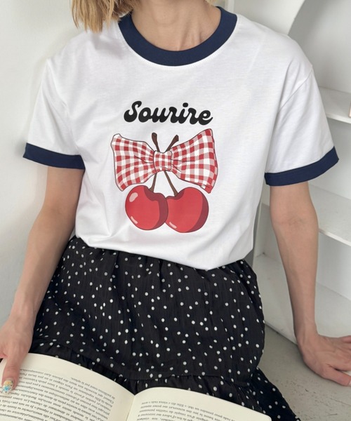 SOLLON.（ソルロン）の「チェリーリボン半袖リンガーTシャツ（Tシャツ/カットソー・レディース・レッド/ブラック/ブルー/ネイビー・FREE）」の17枚目の写真