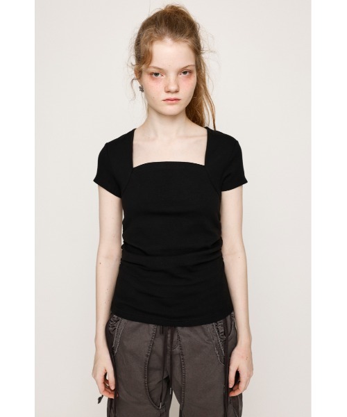QSC バンド好きな子猫 ストライプコットン スクエアネック レーストップス SQUARE NECK CUT TOPS スクエアネック カット トップス 半袖