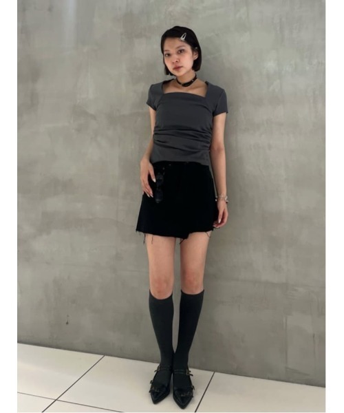スクエアネックレースアップリブtシャツトップスレディース 長袖