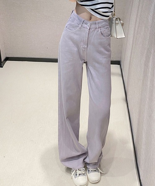 Lace Ladies（レースレディース）の「ハイウエスト ベーシック レザー調パッチ付き ストレート デニムパンツ（デニムパンツ・レディース・ラベンダー/ブラウン/グリーン/アイボリー・XS/S/M/L/XL）」の4枚目の写真